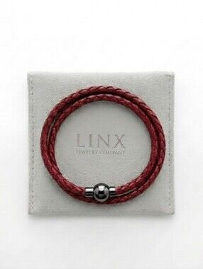 Linx Double Burgundy Leather Braided Cord Bracelet with Black Magnetic Clasp